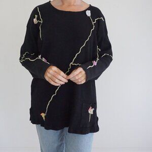 Vintage Maureene Keene Black Knit 3D Floral Vine Pullover Tunic One Size